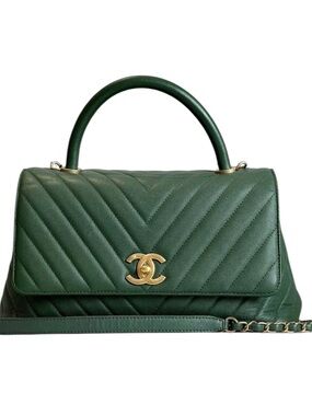 Chanel Coco Handle Medium Green Caviar Leather Chevron Top Handle Flap Bag Gold